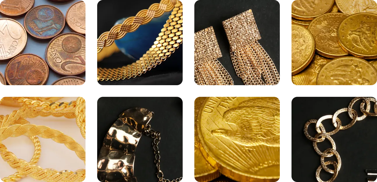 grid gallery of precious metals and coins