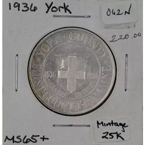 Classic Commemorative Silver--- York County, Maine, Tercentenary 1936 -Silver- 0.5 Dollar